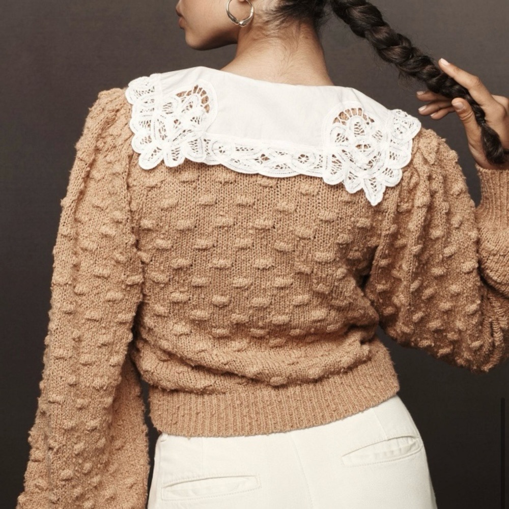 Anthropologie Tan Textured Cardigan with White Lace Collar - Picture 2 of 4